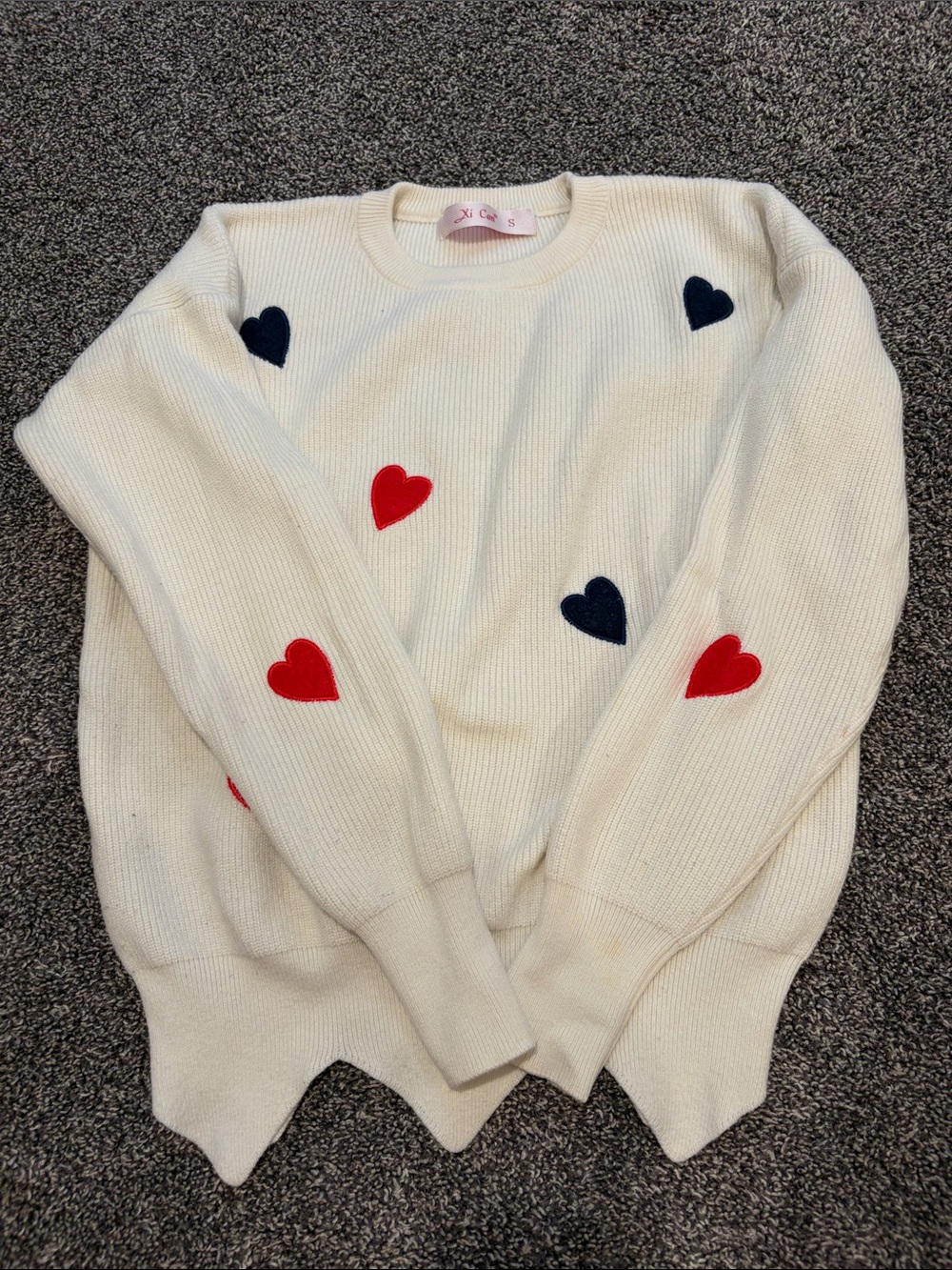 Cream Crewneck Sweater with Red & Navy Heart Appliqués